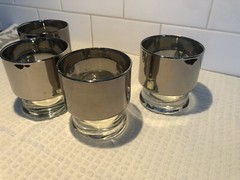 4 Vtg MCM Dorothy Thorpe Wide Silver Band Stack Glasses Barware Tumbler Low Ball