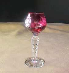 Vintage Cranberry Cut To Clear Crystal Cordial Glass Grape Motif Faceted Stem