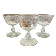 Vintage MCM Set of 4 Glasses Libbey Rose Bouquet Champagne Tall Sherbert Barware