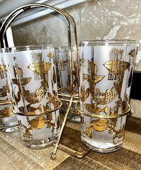 Lotus “Bon Appetite” Set Of 8 Glasses W/Carrier Fish Lobster MCM Vintage NOS