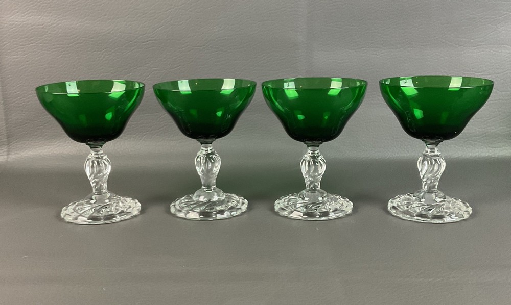 4 Fostoria Crystal w Empire Green Colonial Dame Elegant Pressed Glasses Sherbet