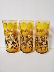 Vintage Libbey Amber Tumblers Yellow Brown Flowers Set of 3