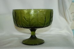 Vintage 70s FTD Avocado Green Glass Goblet/compote With Embossed Leaf Design