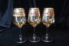Italian Venetian D’Autore Design Amber & Gold 3 Water Goblets 8 1/2″