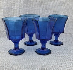 4 VTG Cobalt Blue 8 Panel «Octagonal Blue» Independence Glass Water Goblet MCM