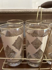 Vintage MCM Gold and Frosted Hazelware 8 Glasses + Caddy
