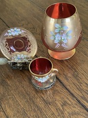Bohemian Cranberry & Gold Gilt Brandy Snifter Demi Cup Saucer Brass Stand Spoon