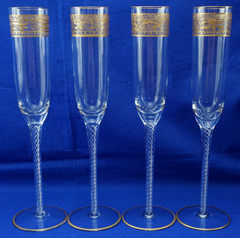Gold Trim, Air Twist Stem (4) Tall Champagne Flutes, 11 1/2″ (S8)