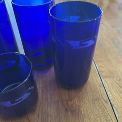 5 Vtg Cobalt Blue Libbey Metropolitan Etched Aztec Tumblers 6” Round Bottom