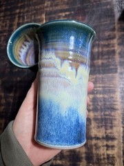 Stoneware Pottery Studio Art Tumbler Mug Set Or Bud Vase X2 Blue Drip Glaze