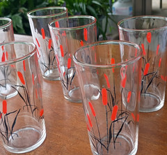 6 Hand Painted Cattail 3 3/4″ 4 oz. Water Glass Tumblers Original Vintage Lot