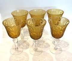 Set Of 6 Vintage Amber Etched Frosted Art Glass Wine Water Goblets 8 1/4”