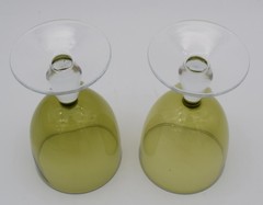 MCM Olive Green Bowl Clear Foot Goblets 5.75 in tall 3.25 in dia Set of 2 #G16