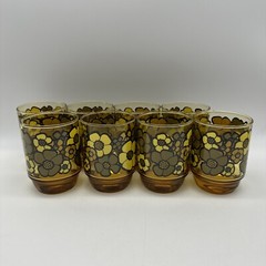 Vintage Libbey Midcentury Mod Flower Power Daisy Amber Rocks Tumbler Glass Set 8