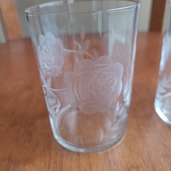 Vintage Cut Engraved ROSES Glass Verithin Thin 4″ Tumbler Elegant LOT 2