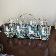 8 Vintage Libbey Tempo Aqua Blue Tumblers Glasses In Gold Caddy Original Sticker