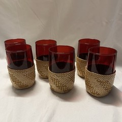 6 Vintage Ruby Red Glass Tumblers 4-1/4” W/Wicker Sleeves Koozies Tiki Bar