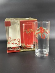 NOS 4 Holiday Poinsettia and Ribbons Glass Tumblers Anchor Hocking Flat bottom
