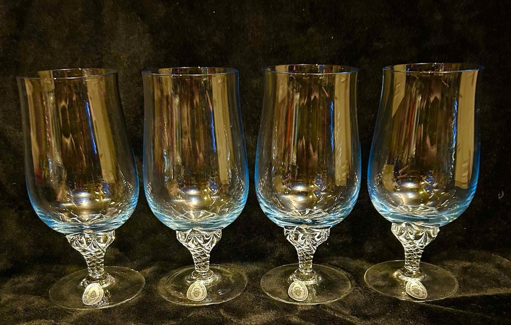 Four West Germany Light Blue Fine Crystal Vintage Cocktail Glasses With Sticker