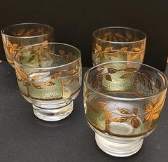 4 Vtg MCM Culver Green Gold Leaf Rocks Footed Glasses 4oz Retro Bar 1960s