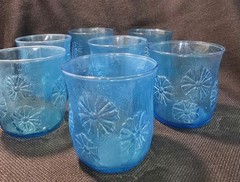 Vintage Anchor Hocking Spring Song Daisy Blue Juice Glass Set/2 Mid Century USA