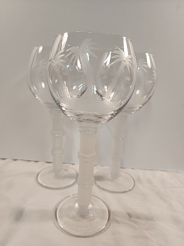 Tropical Etched Palm Tree Wine Glasses x 3 Frosted Bamboo Stem Cocktail Barware