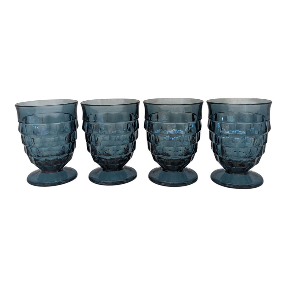 Vtg 1960s Colony Whitehall Riviera Blue Footed Water Glass Set Tumbler 4 3/8″ H
