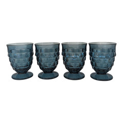 Vtg 1960s Colony Whitehall Riviera Blue Footed Water Glass Set Tumbler 4 3/8″ H