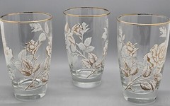 Set of 3 Clear Glasses With Gold Rim and Gold & White Roses. 14 oz. 5 1/4″Tall.