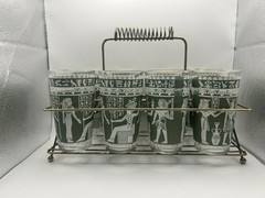 9-PC Hazel Atlas Wedgewood Green Egyptian Tumblers 8 Cups And Carrier RARE Set