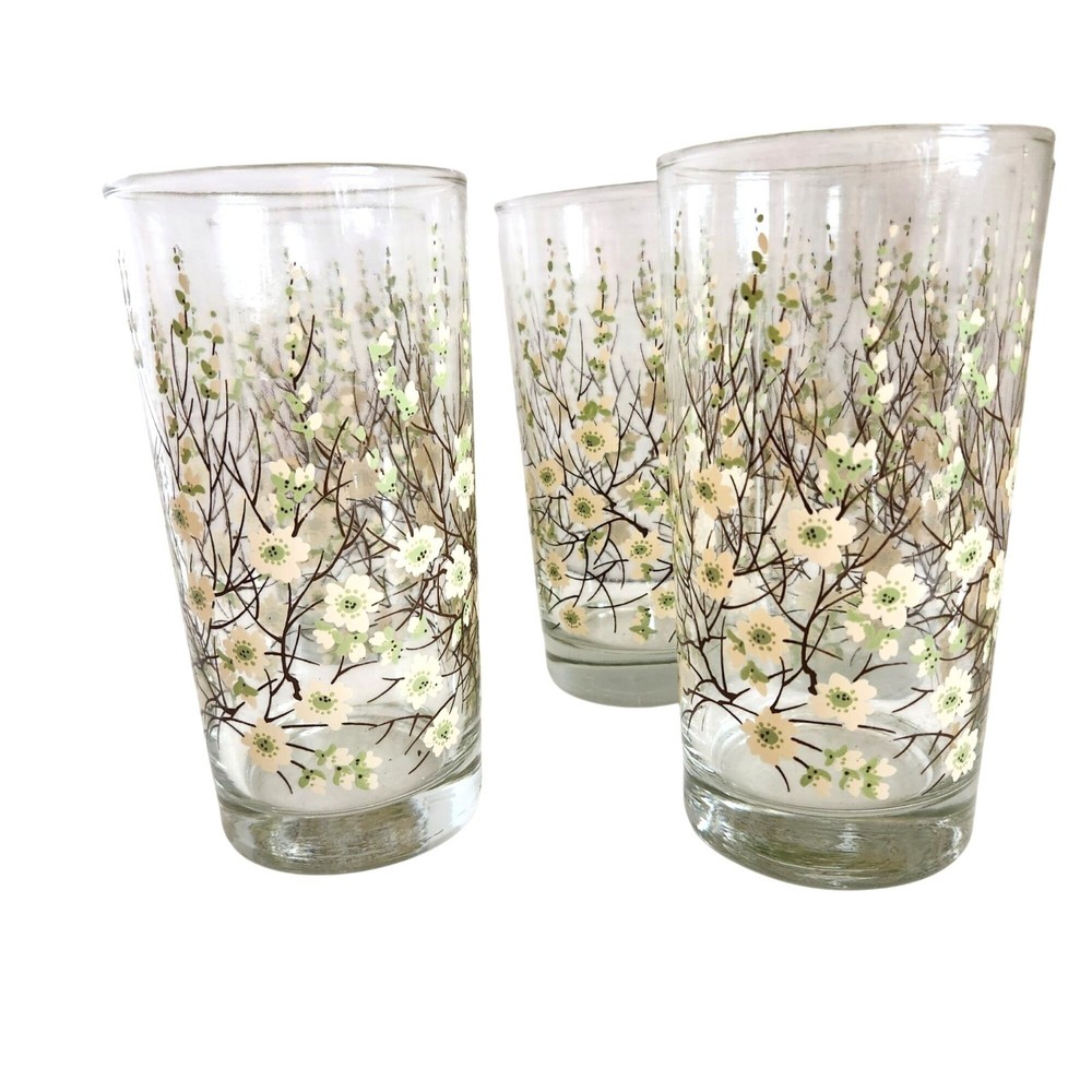 Set Of 4 Vintage Floral Glass Tumblers With Dogwood, Anemone Flowers, on branche