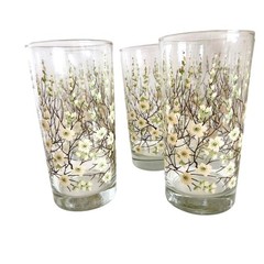 Set Of 4 Vintage Floral Glass Tumblers With Dogwood, Anemone Flowers, on branche