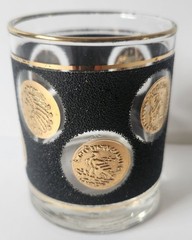 Vintage Libbey Gold Coin Glasses Black Textured MCM Whiskey Rocks Glass Barware