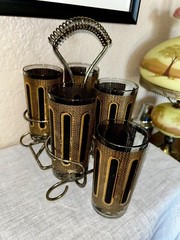 Vintage Colony High Ball Glasses w/ caddy signed MCM Black And Gold