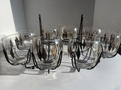 Federal Glass Black Diamond Roly Poly 8 Glasses Caddy MCM Atomic Barware Set