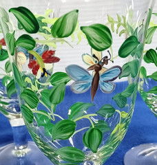 4 Crystal Butterfly Ice Tea Goblets 6-3/4″ H Water Glasses Spring Hand Painted