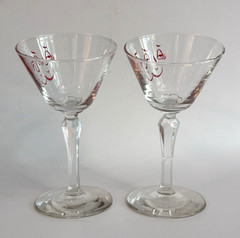 (2) 50’s Novelty Bar Glasses, Crooked Stem «Tipsy» Cocktail Glasses w/ Faces