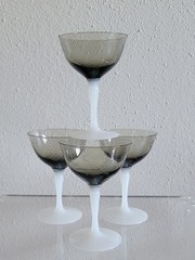 Vintage 1930s Art Deco Smoke Glass Champagne Coupe Milk Glass Stem Set of 4