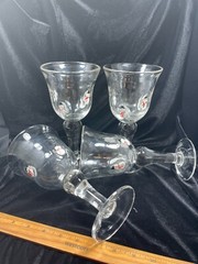 Vtg Christmas Clear Glass Fused Snowmen 8.25 in Goblet Drinking Glass Set of 4