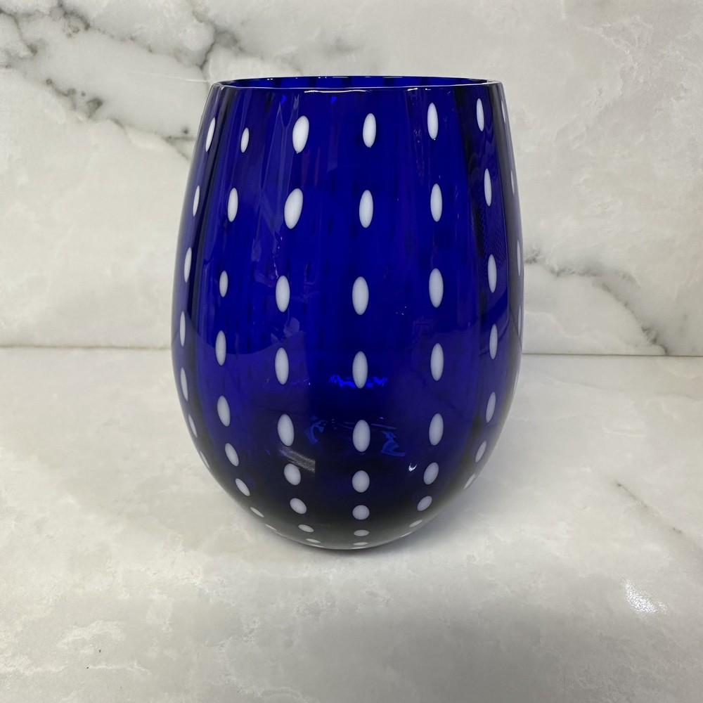 Zodax Art Deco Mavi Cobalt Blue Stemless Wine Goblet Ribs of Opal Dots
