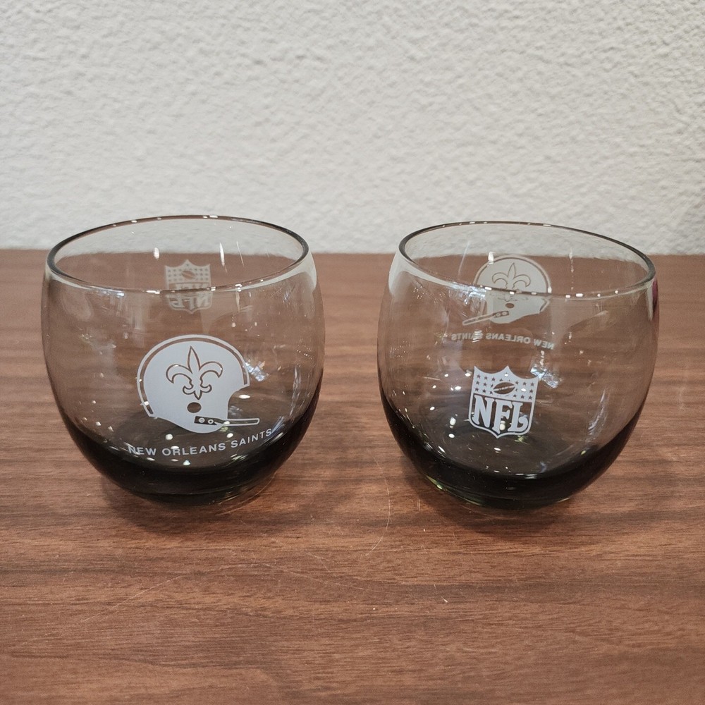 2 Vintage 1970s New Orleans Saints Smoked Glasses NFL Tumbler Glass Rolly Polly