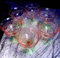 4 Antique Depression Uranium Watermelon Glasses Pink & Green Vintage Set Decor