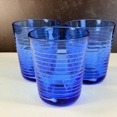Set 3 Conga Flat Tumbler Villeroy Boch 8 Oz BLUE Embossed White Rings 4 1/8″ HTF