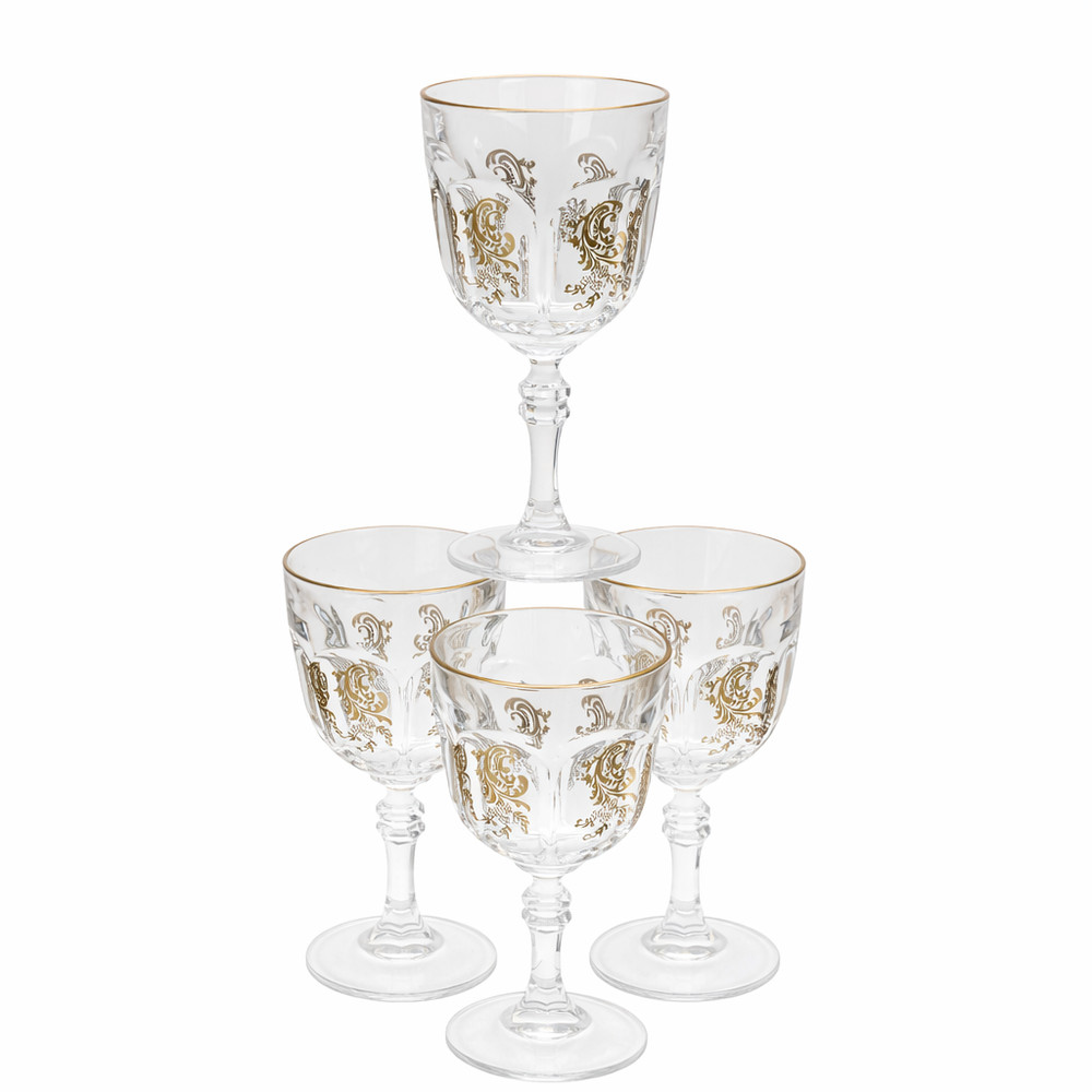 Set of 4 Vintage Bohemian Czech Cut Crystal Gold Gilt Goblets 1950s–1970s