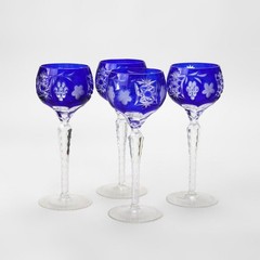 Four Antique Bohemian Cobalt Blue Floral & Grape Cut To Clear Crystal Goblets