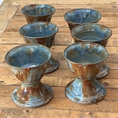 6 Houston Studio Pottery Stoneware Goblets 4.5″ Brown Blue Rustic Flared Rim