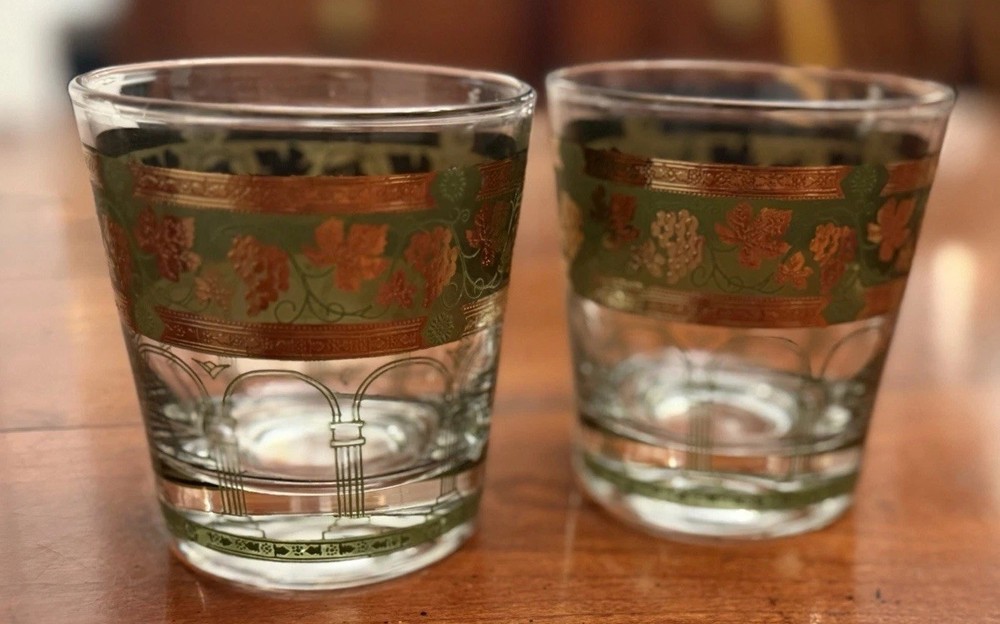 Vintage Cera Glass Golden Grapes Rocks Glasses Pair 22K Gold Green Mid Century