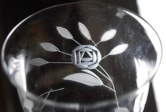 Vintage Set 6 HAND CUT Wine Glasses Ball Stem GREY CUT ROSES w LEAVES 4.5″