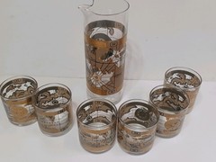 Vintage CERA GLASS 22-Karat Gold Cocktail Mixer & 6 Glasses, Martini Set Atlas