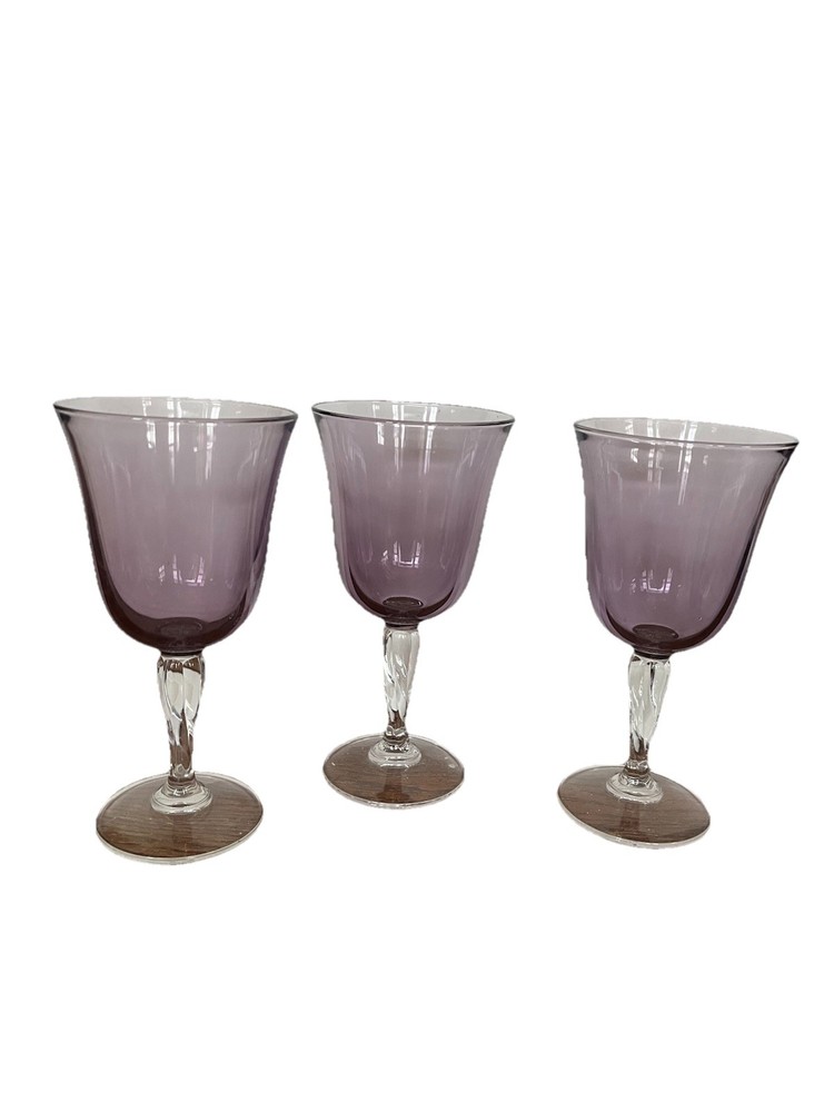 3 Amethyst 8” Tall Water or wine Goblets By CRISTAL D’ARQUES Durand 10 oz.